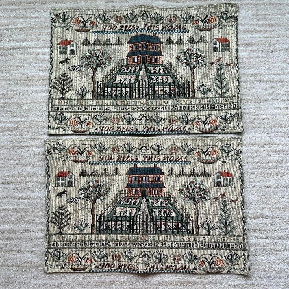 Set of 2 Vintage Style Handwoven Country Sampler Tapestry Place Mats Cottagecore